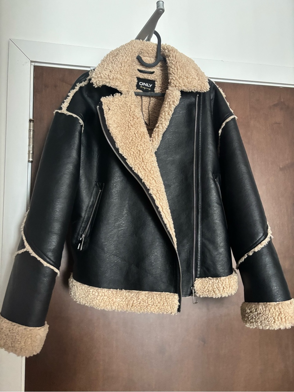 ONLY Black Faux-Leather Shearling Aviator Jacket with Cream Trim